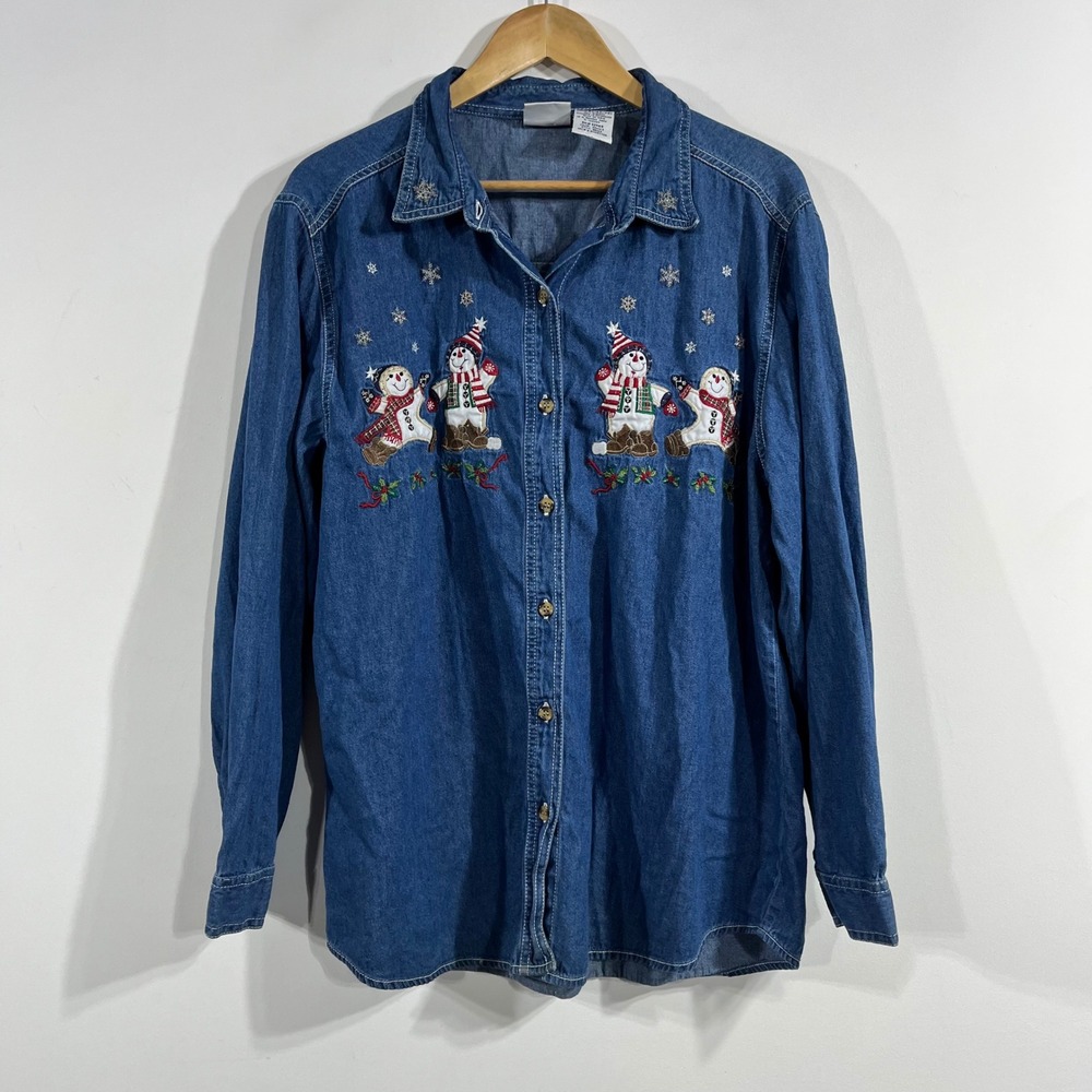 VTG 90s Cottagecore Denim Snowman Embroidered Christmas Button Down Shirt XL